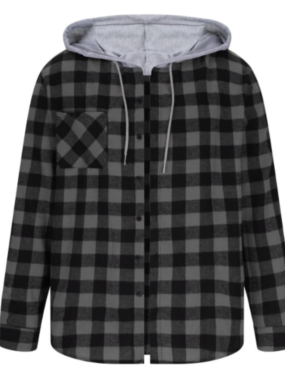 NEW XXL Men's Hooded Flannel Black Gray Shirt Buffalo Plaid Long Sleeve Top